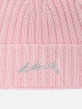 Wengen-Mütze aus rosa Kaschmir mit St. Moritz-Stickerei