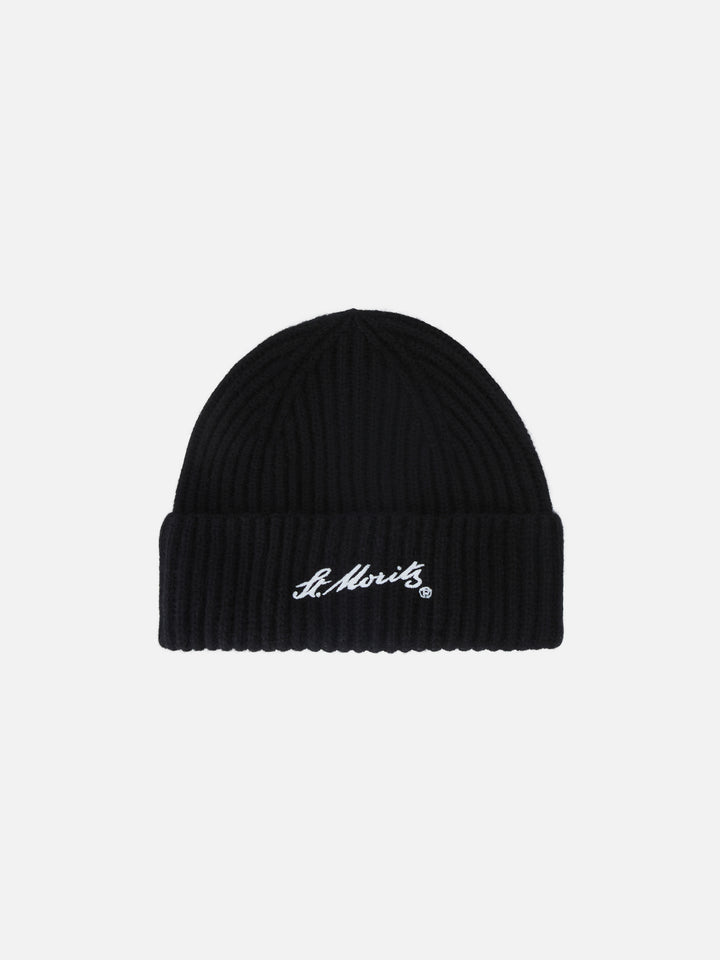 Berretto Wengen nero in cashmere con ricamo St. Moritz | Special edition