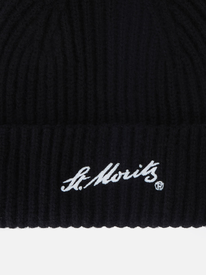Berretto Wengen nero in cashmere con ricamo St. Moritz | Special edition