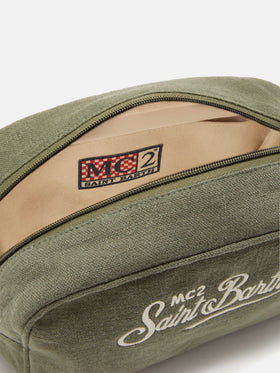 Green Westwood linen beauty bag with embroidered logo