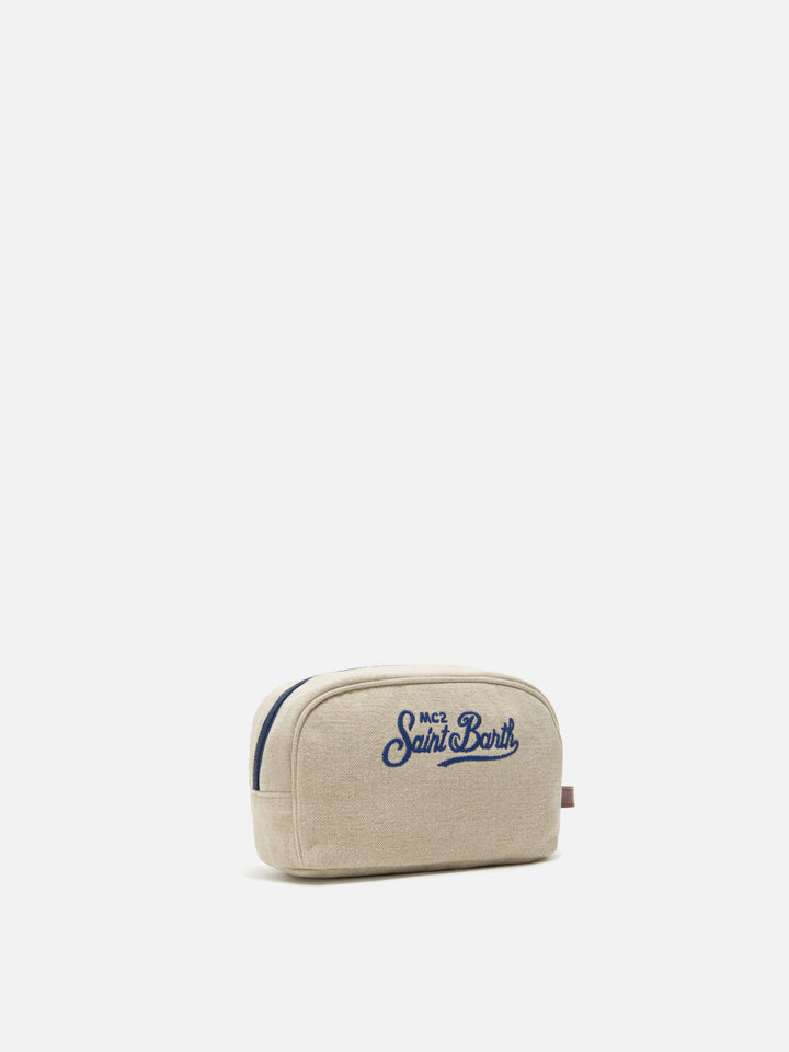 Beige Westwood linen beauty bag with embroidered logo