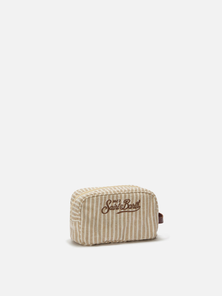 Beauty Bag Westwood in lino con fantasia a righe beige e bianco