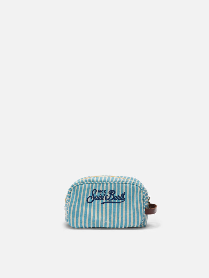 Beauty Bag Westwood in lino con fantasia a righe azzurro e bianco