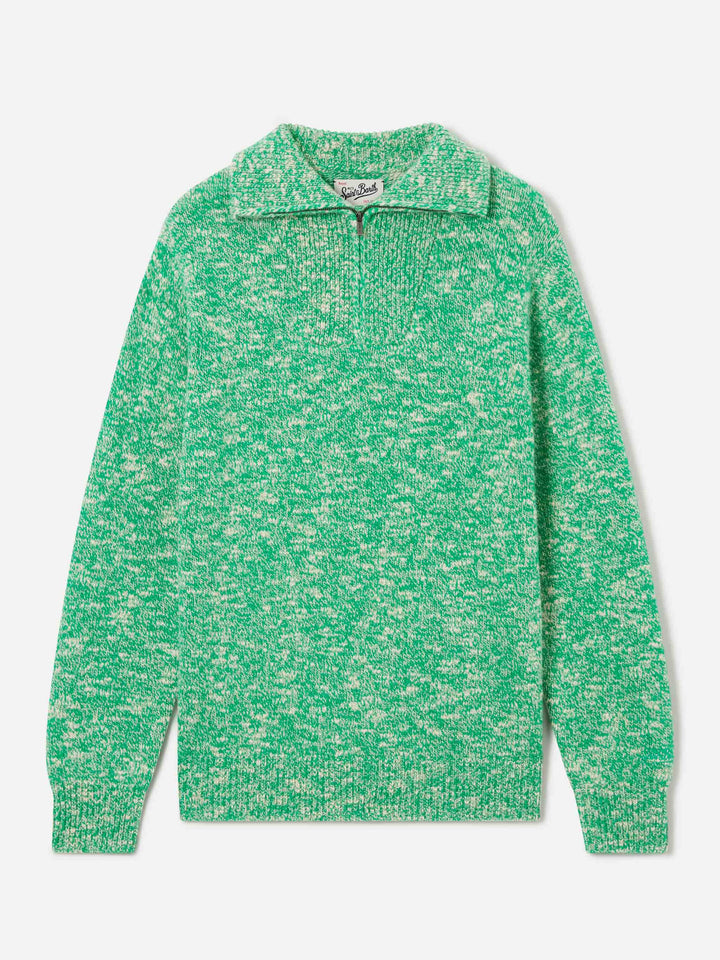 Pull en laine Green Wesley à demi-zip avec maille moulinée 