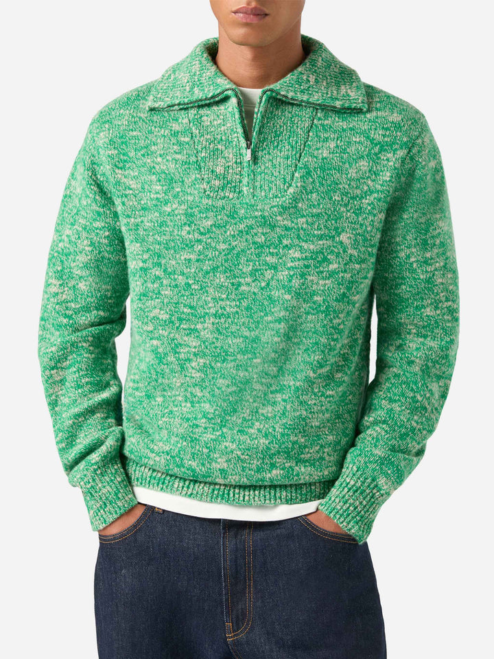Maglia Wesley verde in lana con mezza zip e lavorazione mouliné