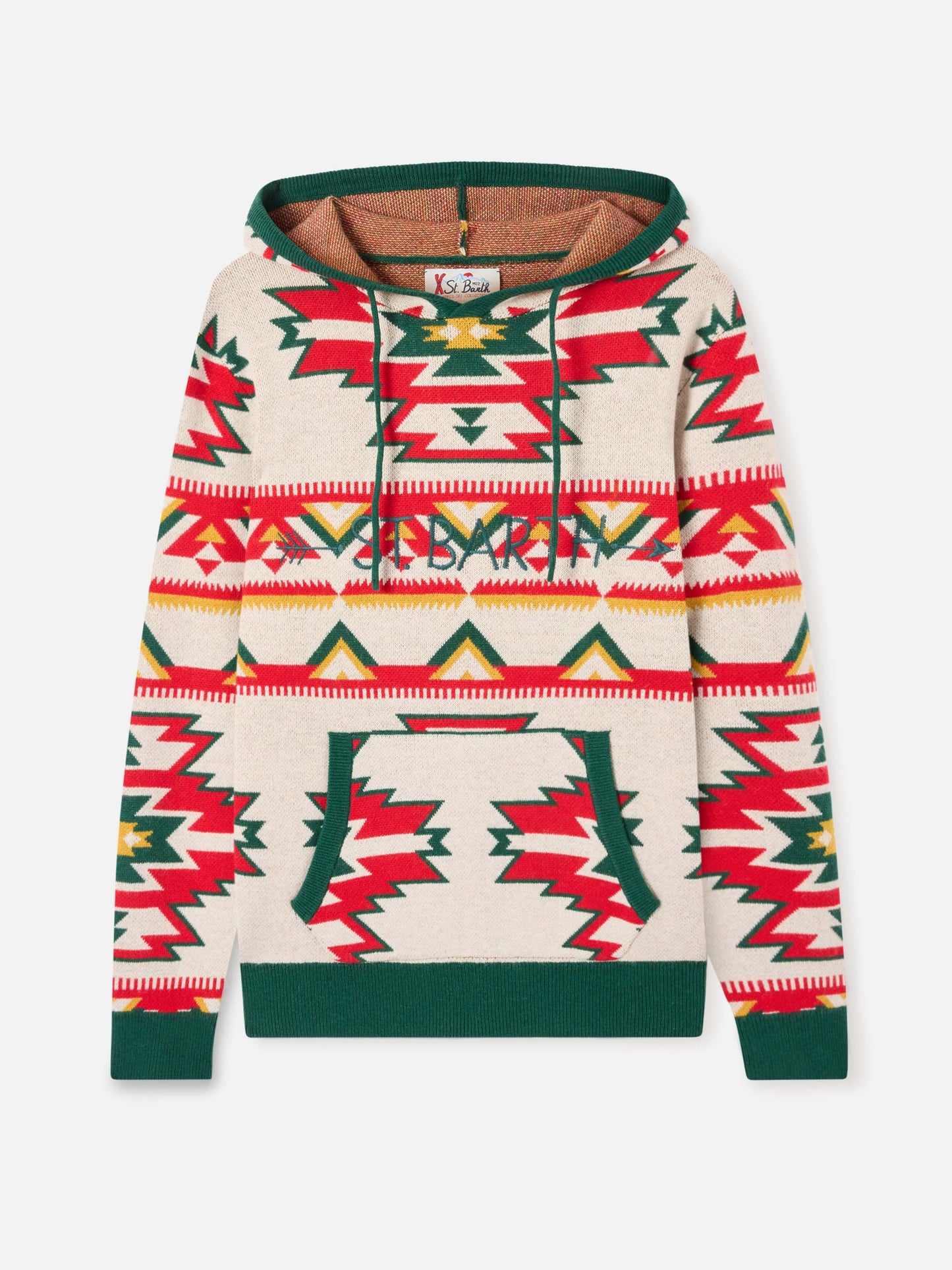 Wood brushed hooded knit with ethnic pattern