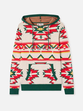 Wood brushed hooded knit with ethnic pattern