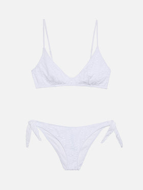 Bikini bralette Paloma Yali à décolleté profond en dentelle sangallo blanche 