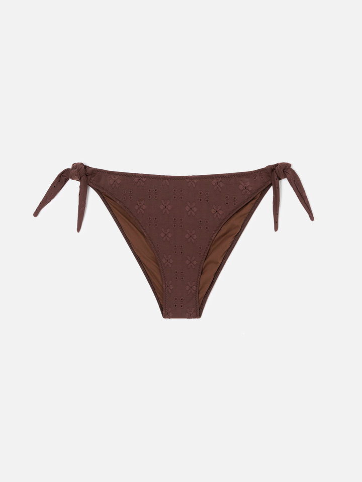 Yali classic bikini bottoms in brown sangallo fabric with daisy embroidery