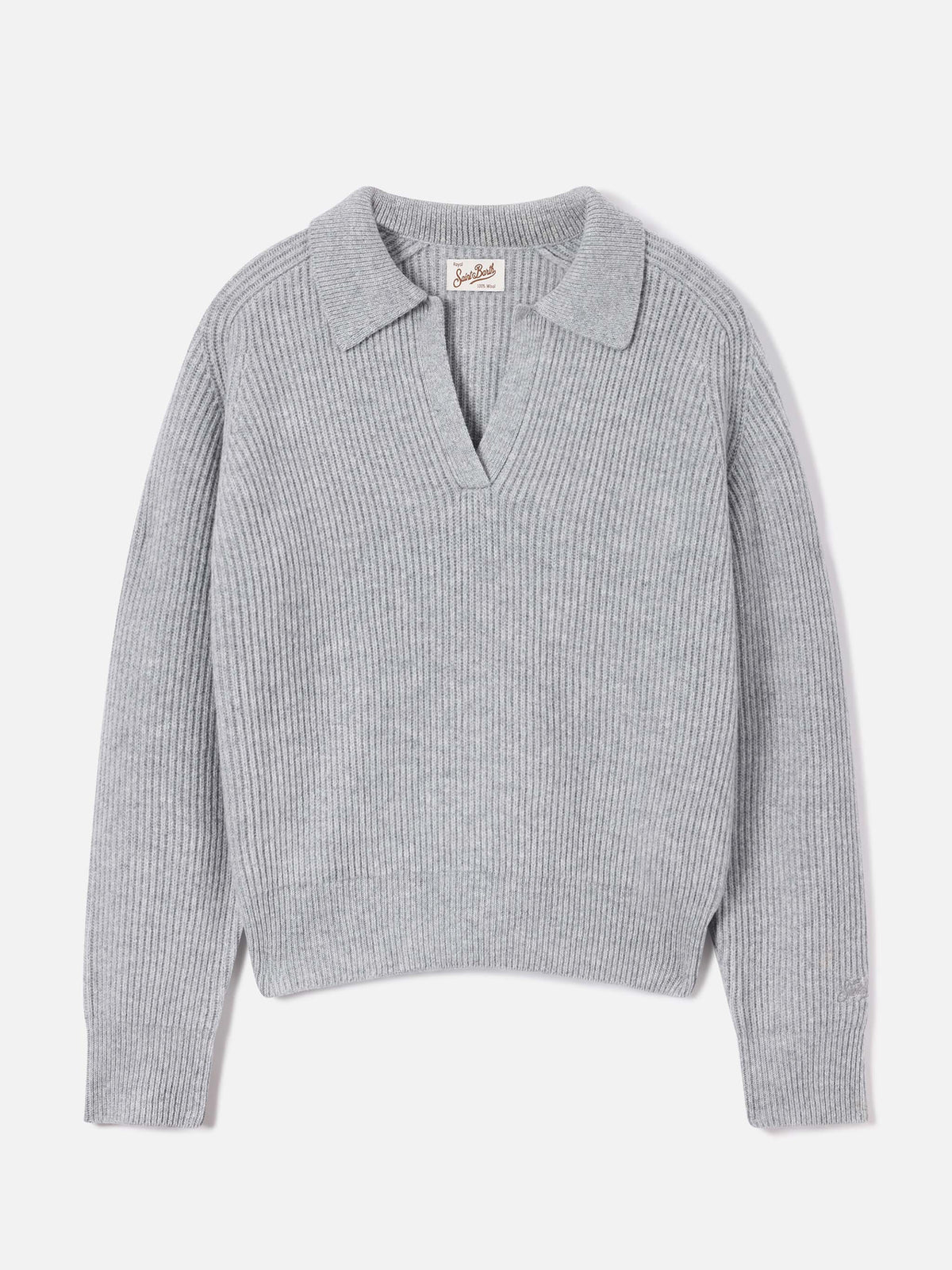 Grauer Strickpullover Yaoni aus Wolle mit Polokragen 