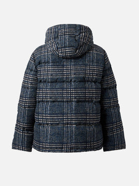 Hooded down padded jacket Young with Prince of Wales print