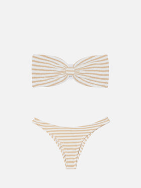 Bikini bandeau Yulia Elise de tejido crinkle con braguita de baño regular y estampado de rayas 