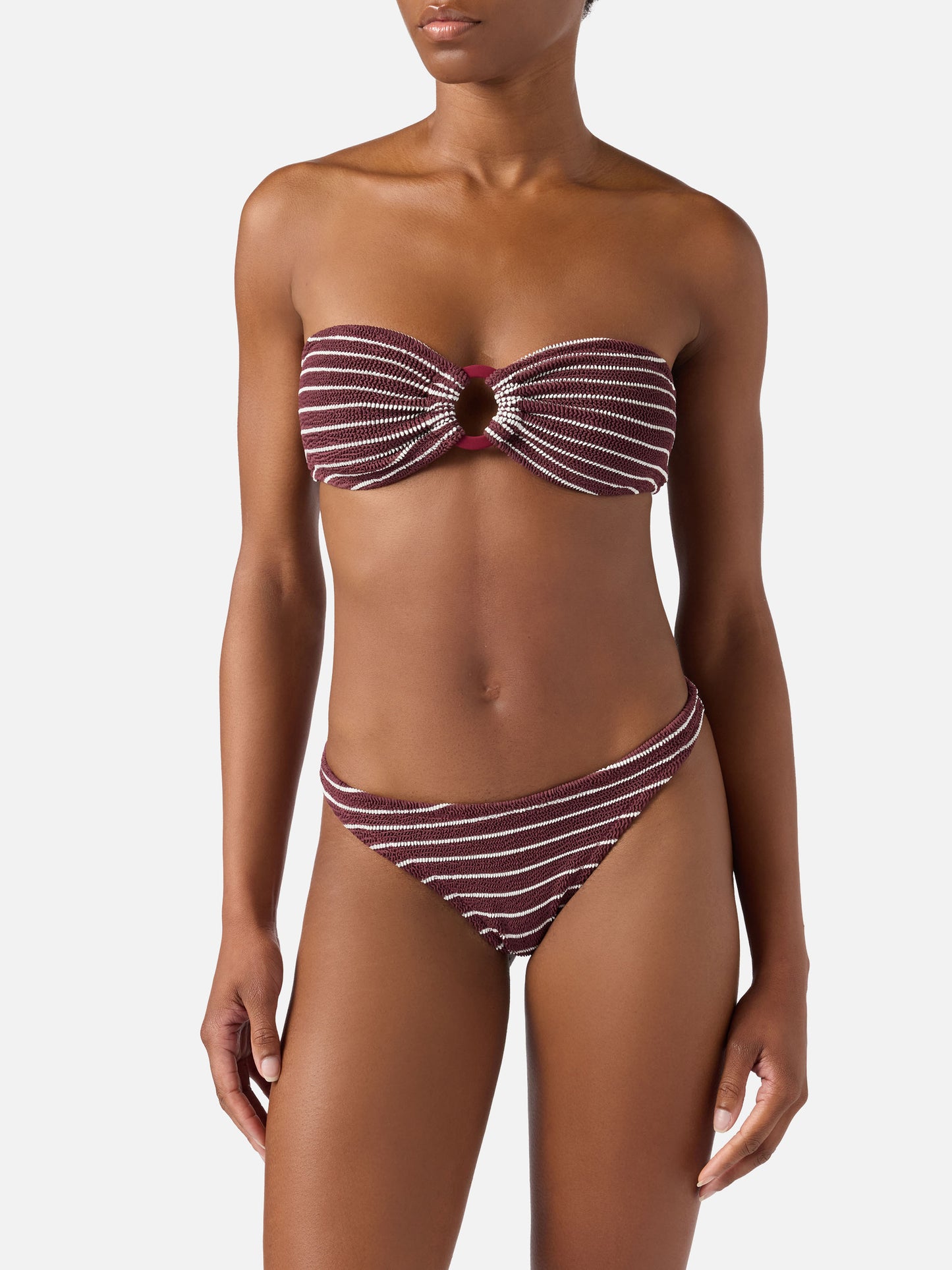 Yulia Naomi bordeaux and white striped crinkle bikini