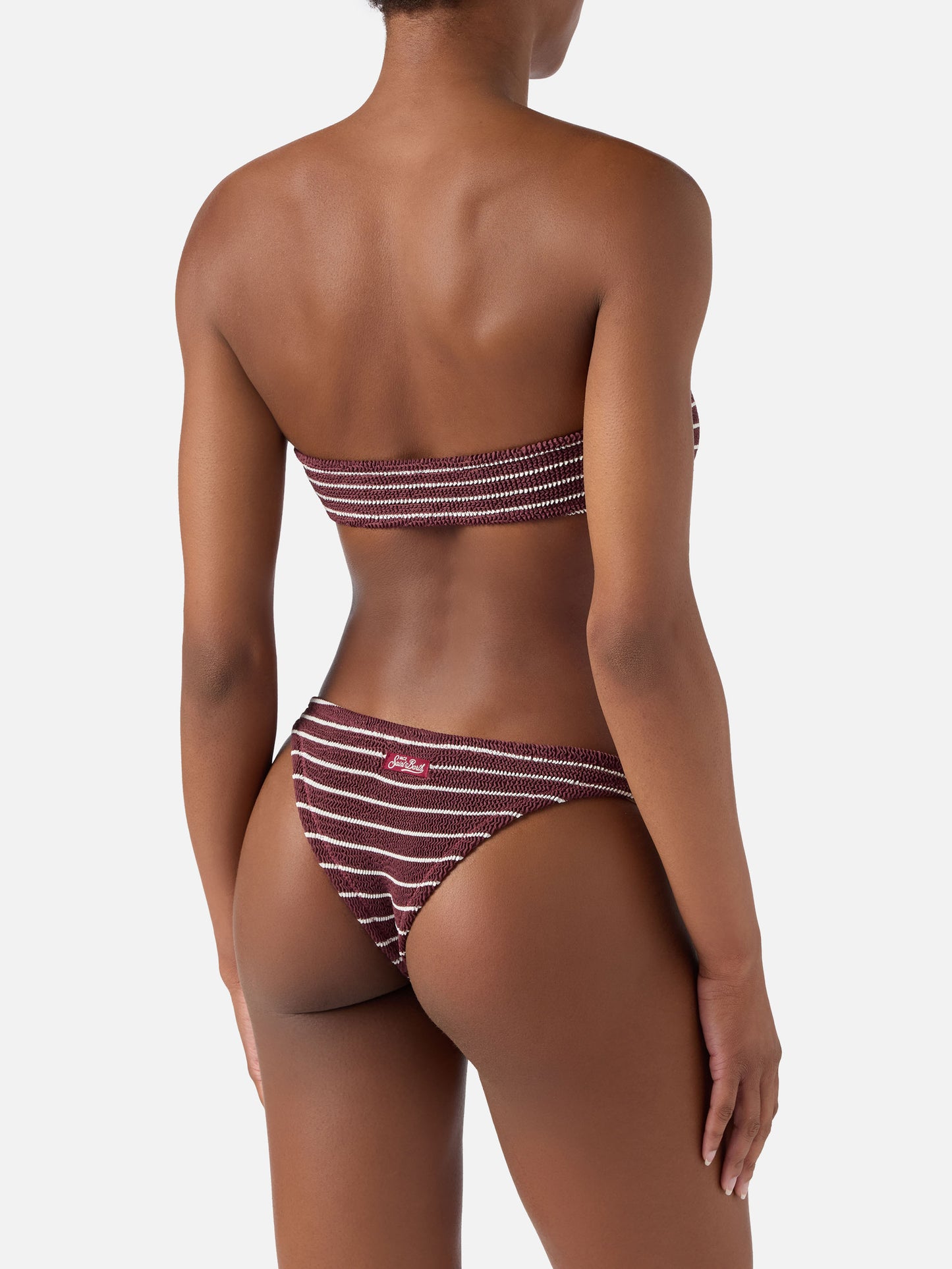 Yulia Naomi bordeaux and white striped crinkle bikini