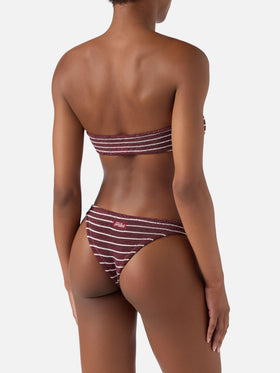 Yulia Naomi bordeaux and white striped crinkle bikini