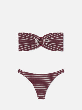 Yulia Naomi bordeaux and white striped crinkle bikini