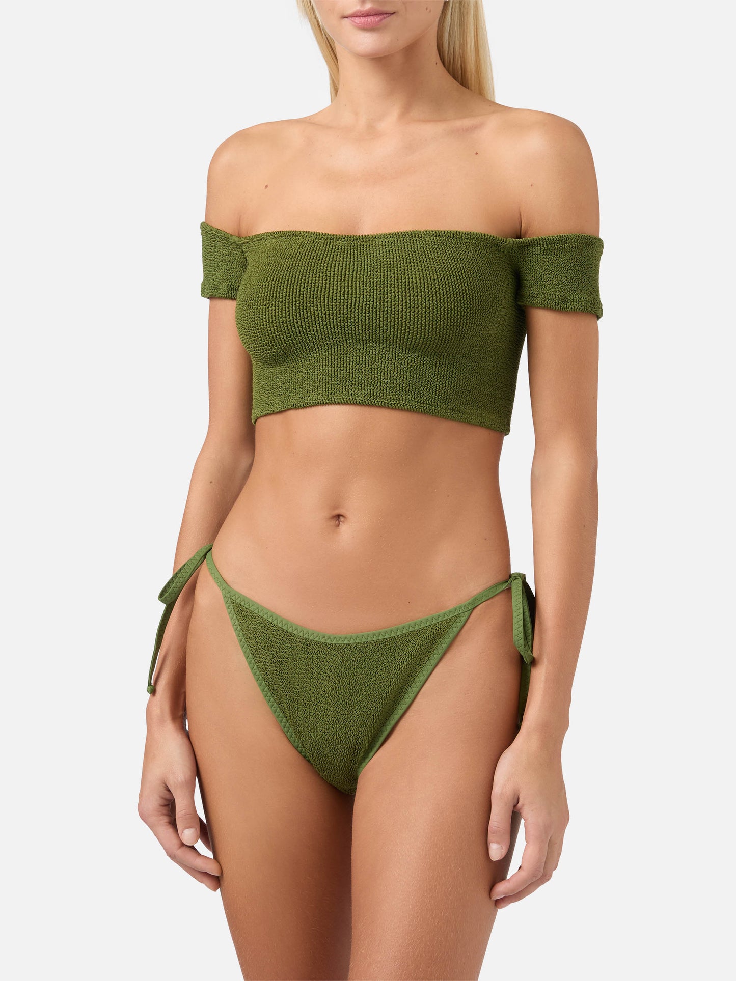 Zena Marielle Bikini mit breiten Schulterträgern in militärgrünem Crinkle-Look