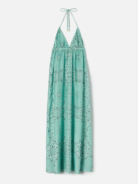 Robe longue Zucky en soie avec imprimé bandana vert aqua 