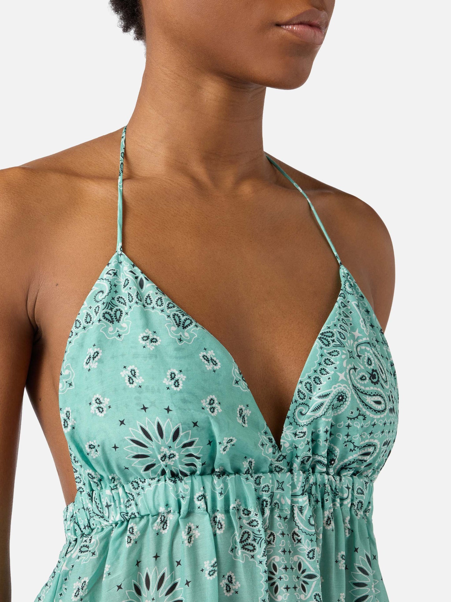 Robe longue Zucky en soie avec imprimé bandana vert aqua 