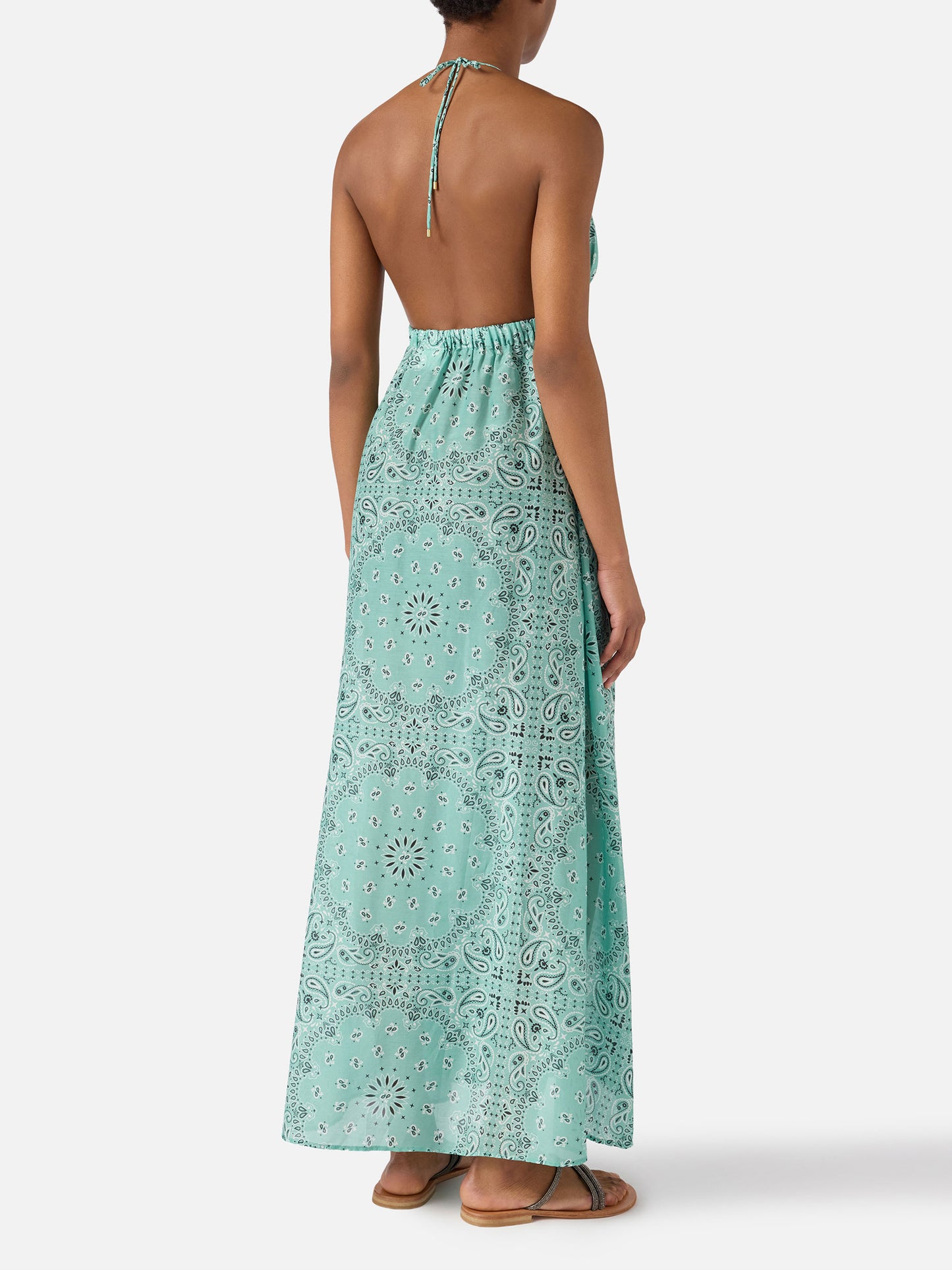 Robe longue Zucky en soie avec imprimé bandana vert aqua 