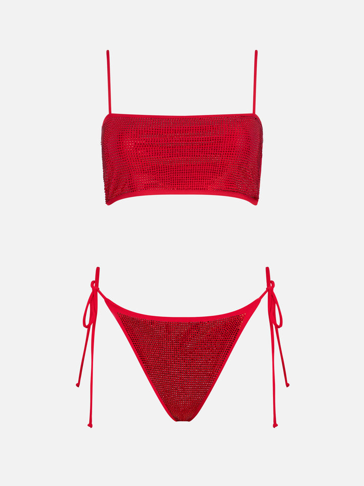 Athena Virgo red rhinestone bandeau bikini