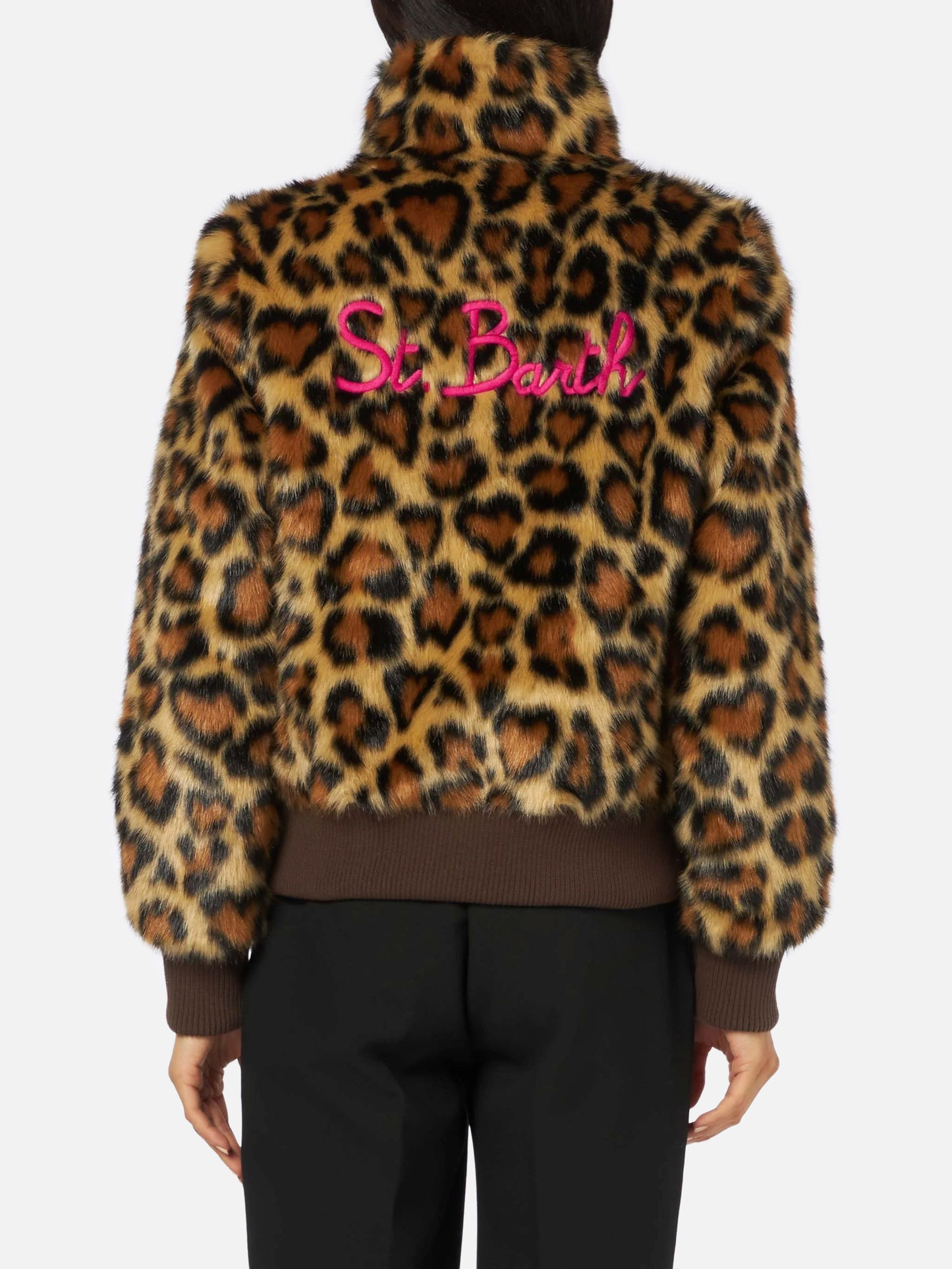Janette brown furry jacket with animal heart print