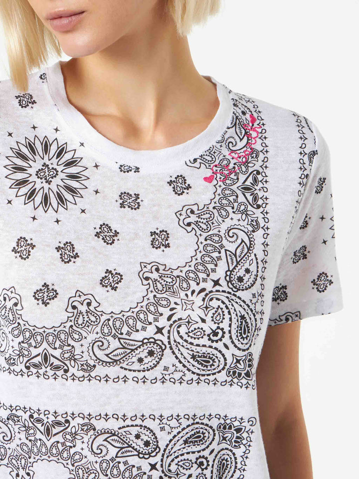Woman linen t-shirt with bandanna print - MC2 Saint Barth