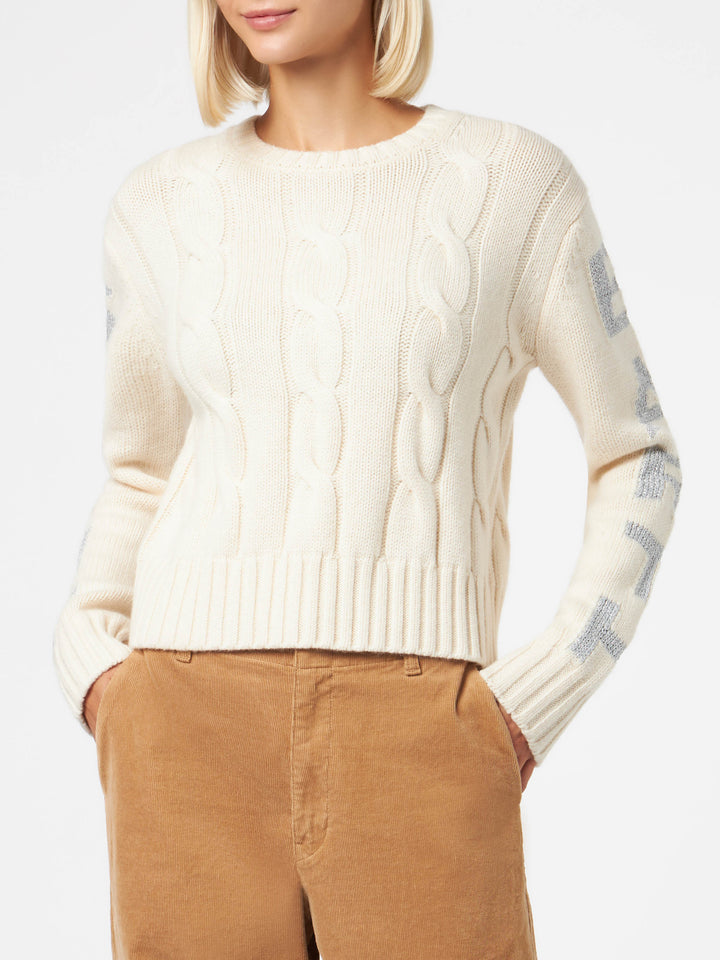 Woman crewneck braided sweater with Saint Barth lurex print - MC2 Saint Barth