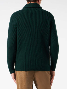 Man shawl collar green ribbed cardigan with pockets and patch - MC2 Saint Barth