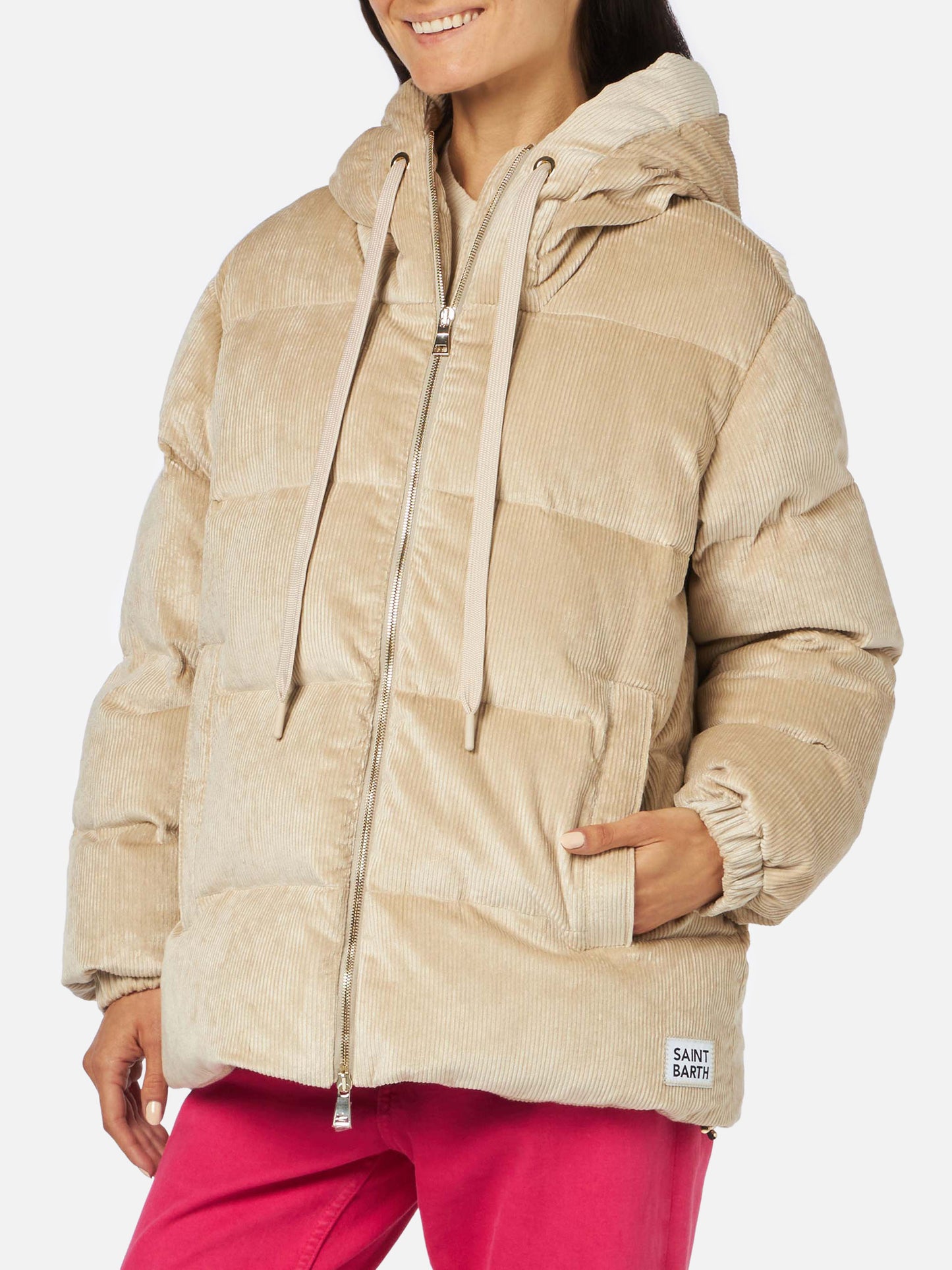 Chaqueta acolchada con capucha de pana beige Geneve 