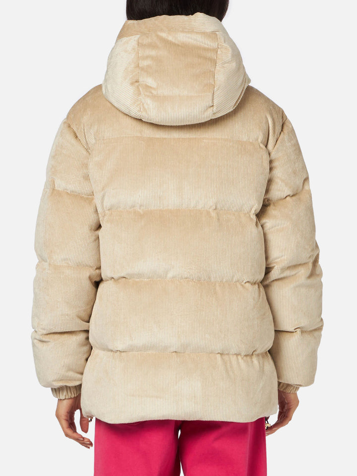 Geneve beige corduroy hooded down jacket