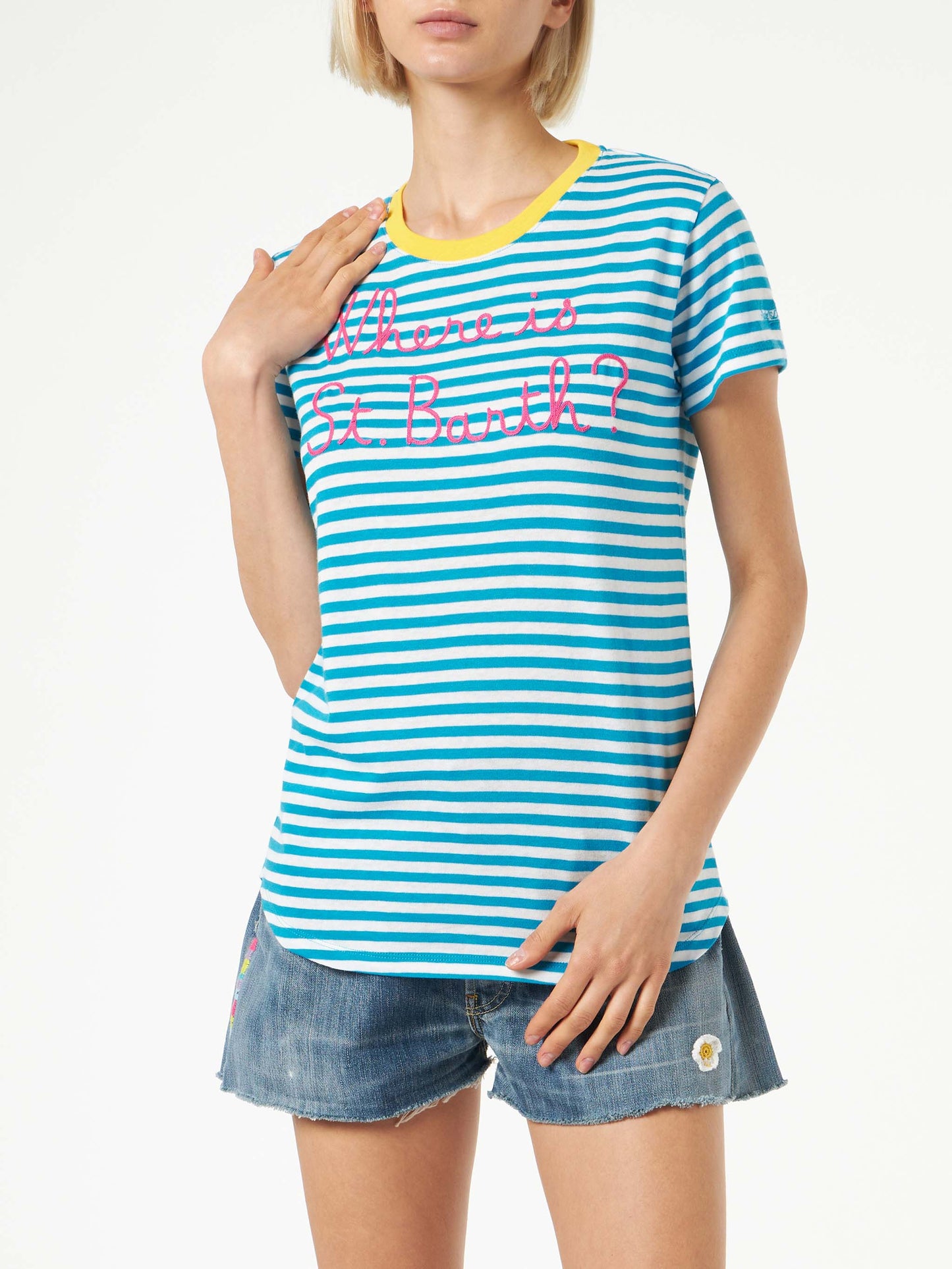 Bluette cotton t-shirt with Where is St. Barth? embroidery - MC2 Saint Barth