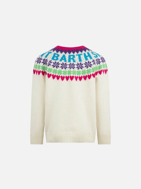 Girl crewneck white sweater with fair isle jacquard - MC2 Saint Barth