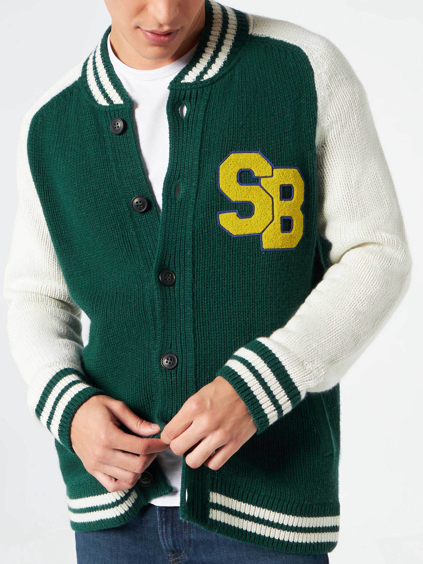 Grüne Strickbomberjacke im College-Stil von Benjamin