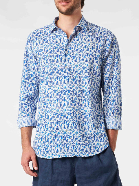 Man muslin cotton Sikelia shirt with blue leaves print - MC2 Saint Barth