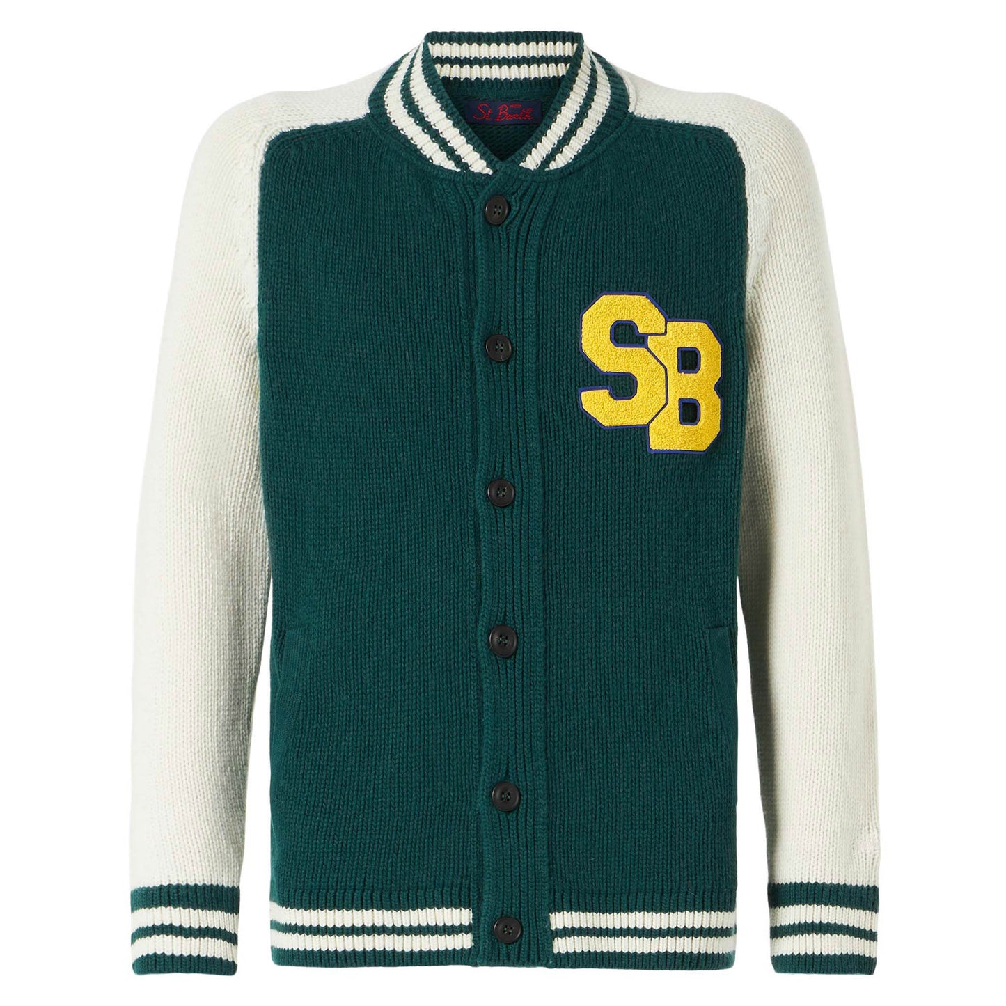 Grüne Strickbomberjacke im College-Stil von Benjamin