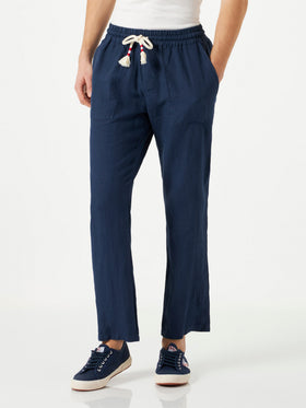 Pantaloni Calais in lino blu navy tinta unita