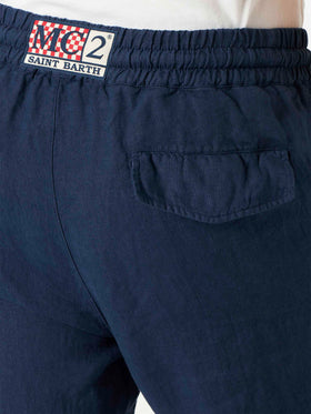 Pantaloni Calais in lino blu navy tinta unita