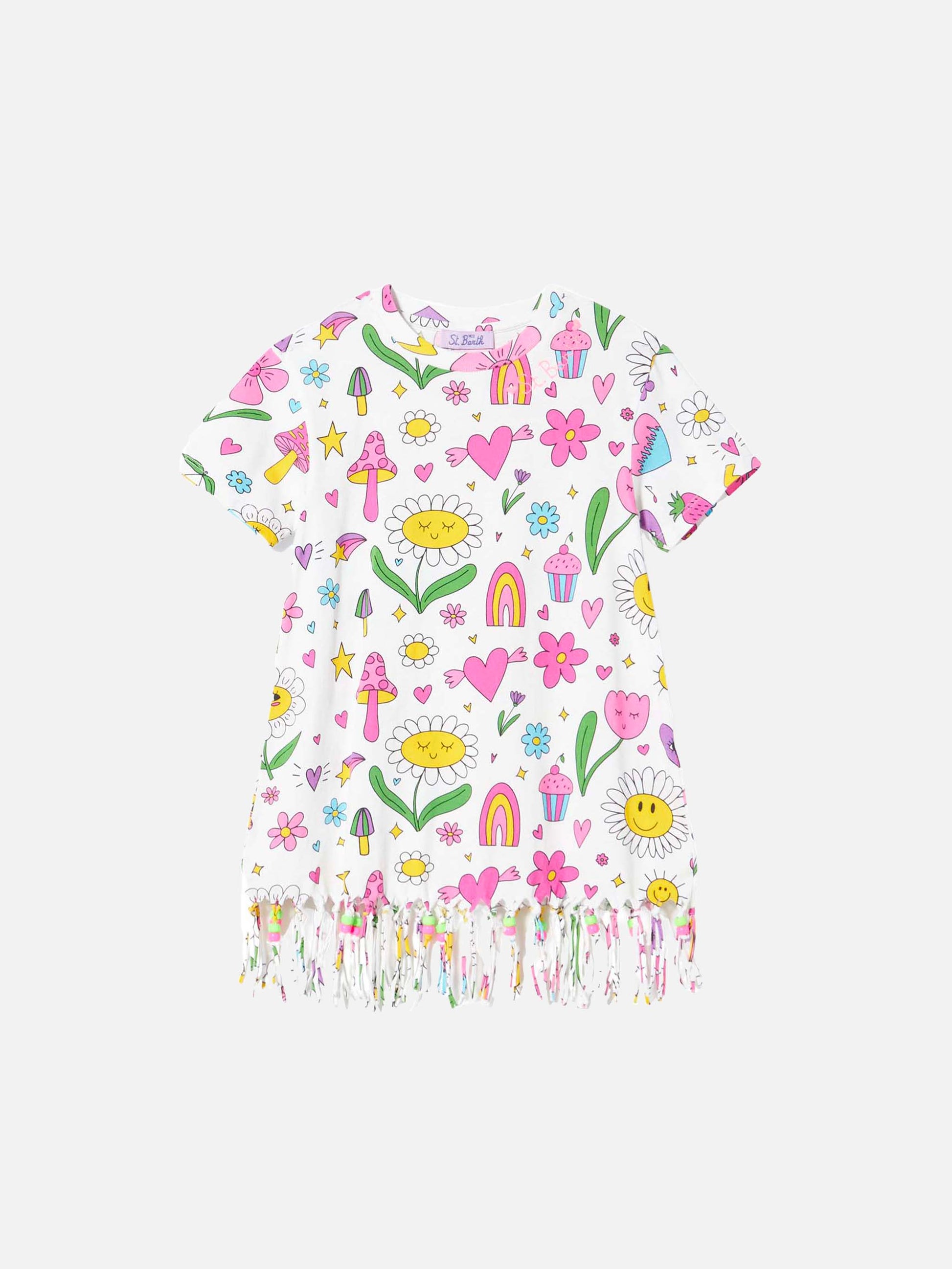 Girl white cotton dress with print and charms - MC2 Saint Barth