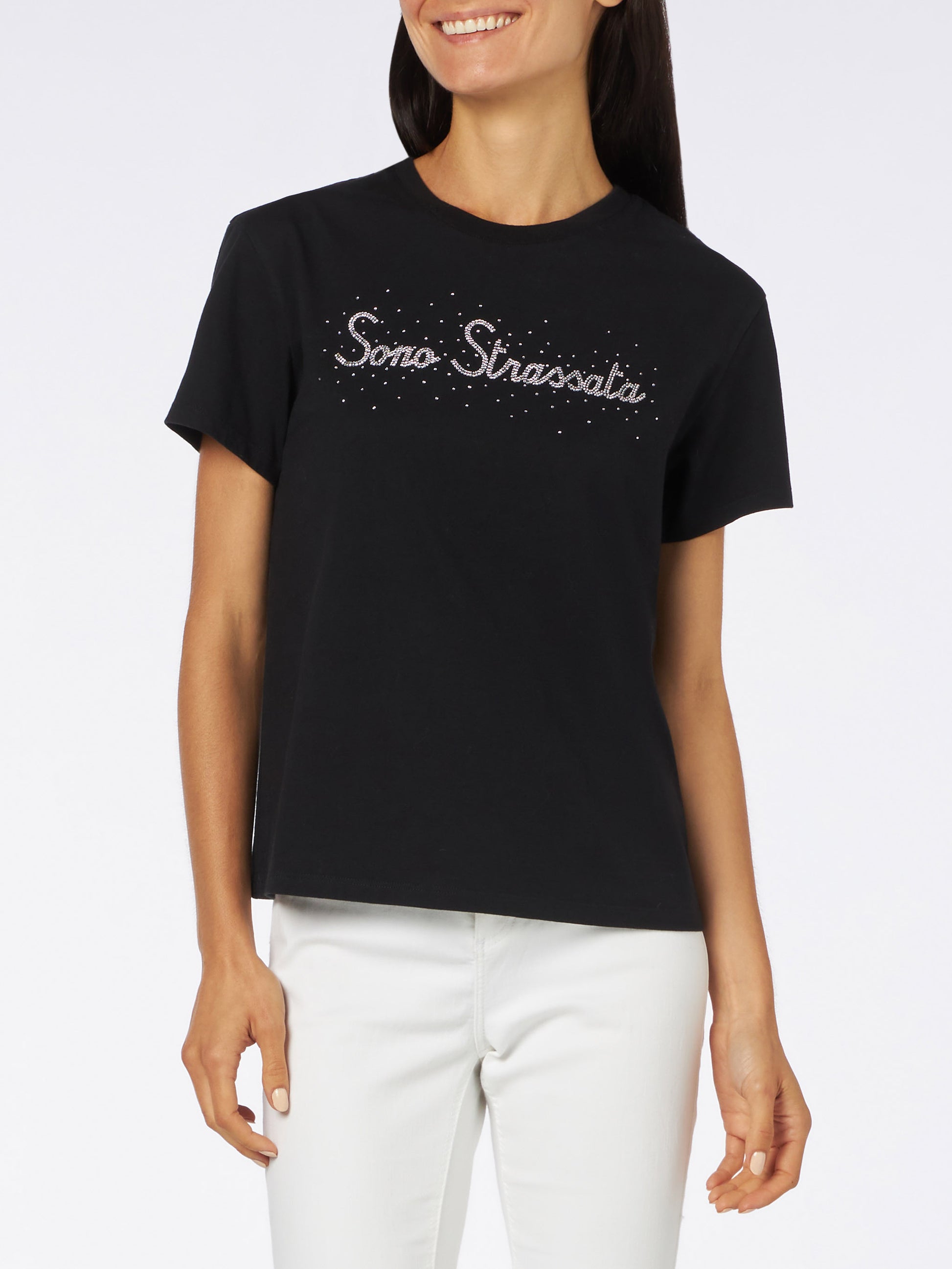 Woman heavy cotton t-shirt with Sono Strassata rhinestones print - MC2 Saint Barth