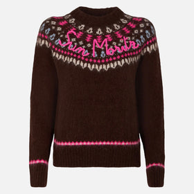 Brauner Damen-Rundhalspullover aus nordischem Jacquard