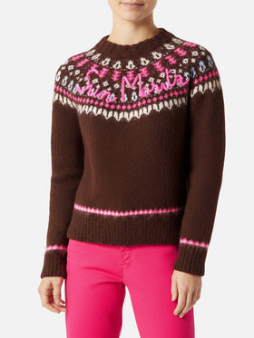 Brauner Damen-Rundhalspullover aus nordischem Jacquard