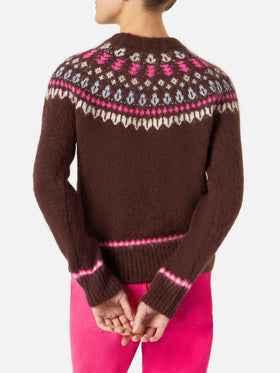 Brauner Damen-Rundhalspullover aus nordischem Jacquard