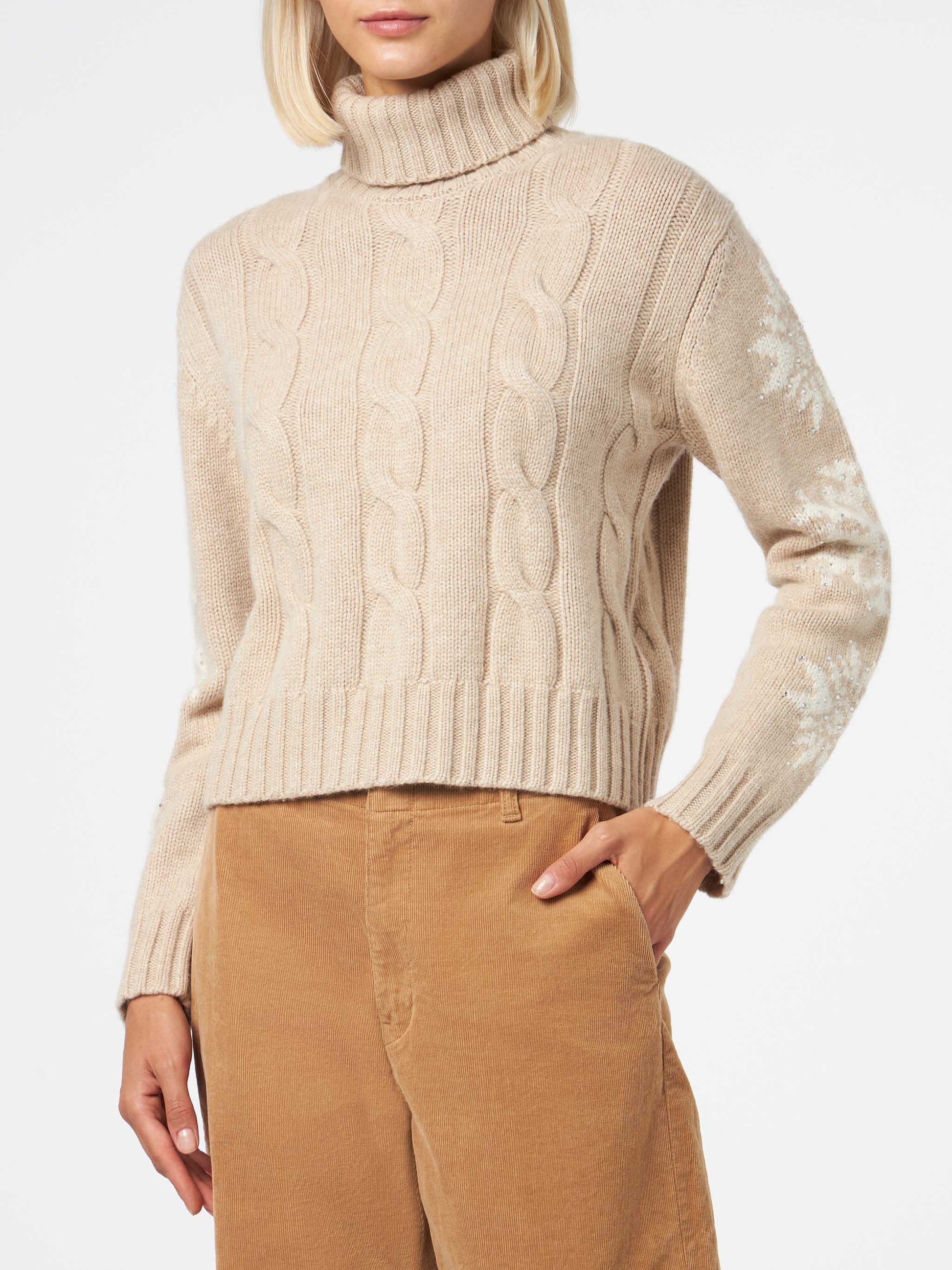 Woman turtleneck braided sweater with snowflake rhinestones - MC2 Saint Barth