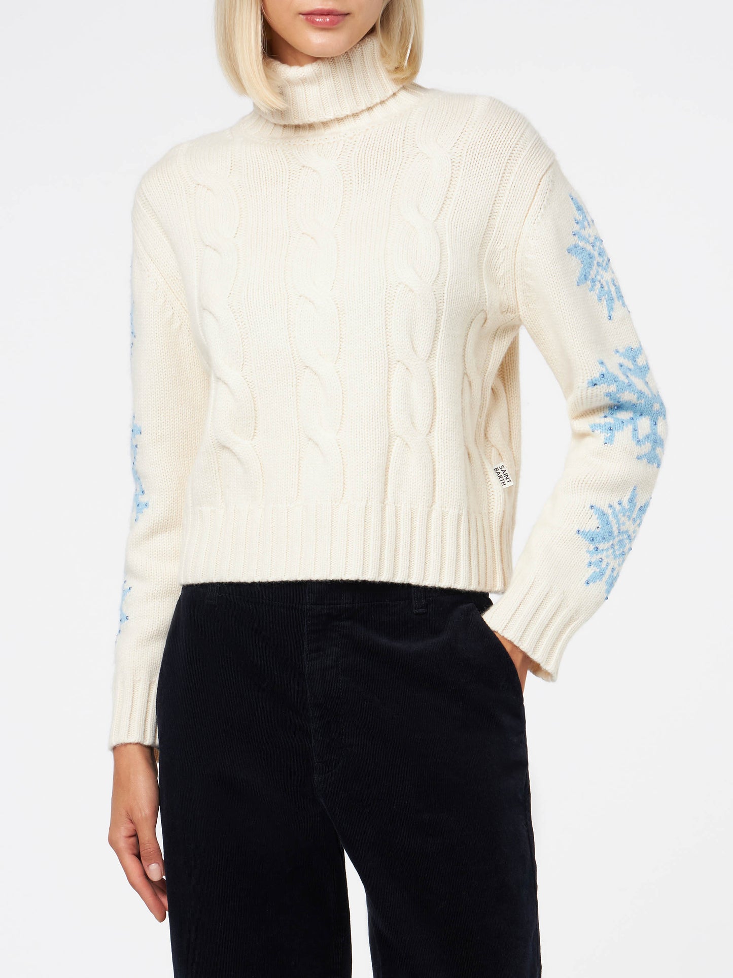 Adler white braided turtleneck sweater with snowflake rhinestones