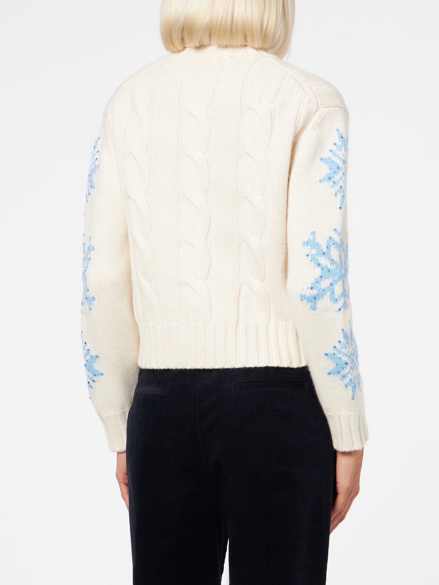 Adler white braided turtleneck sweater with snowflake rhinestones