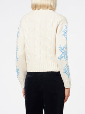 Adler white braided turtleneck sweater with snowflake rhinestones