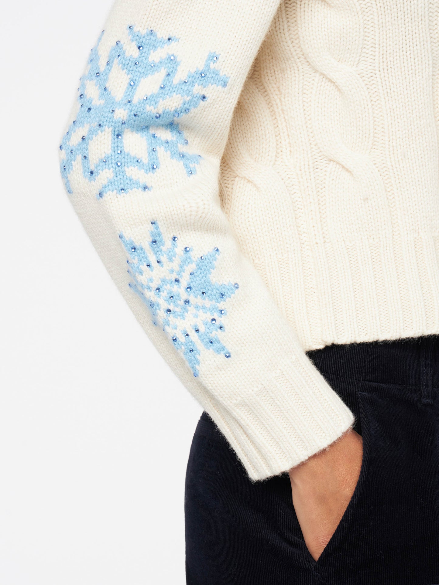 Adler white braided turtleneck sweater with snowflake rhinestones