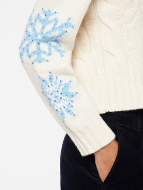 Adler white braided turtleneck sweater with snowflake rhinestones