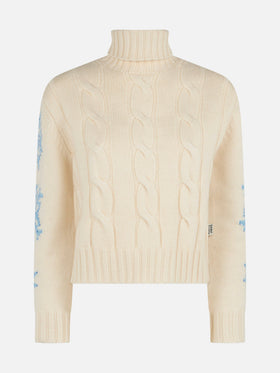 Adler white braided turtleneck sweater with snowflake rhinestones